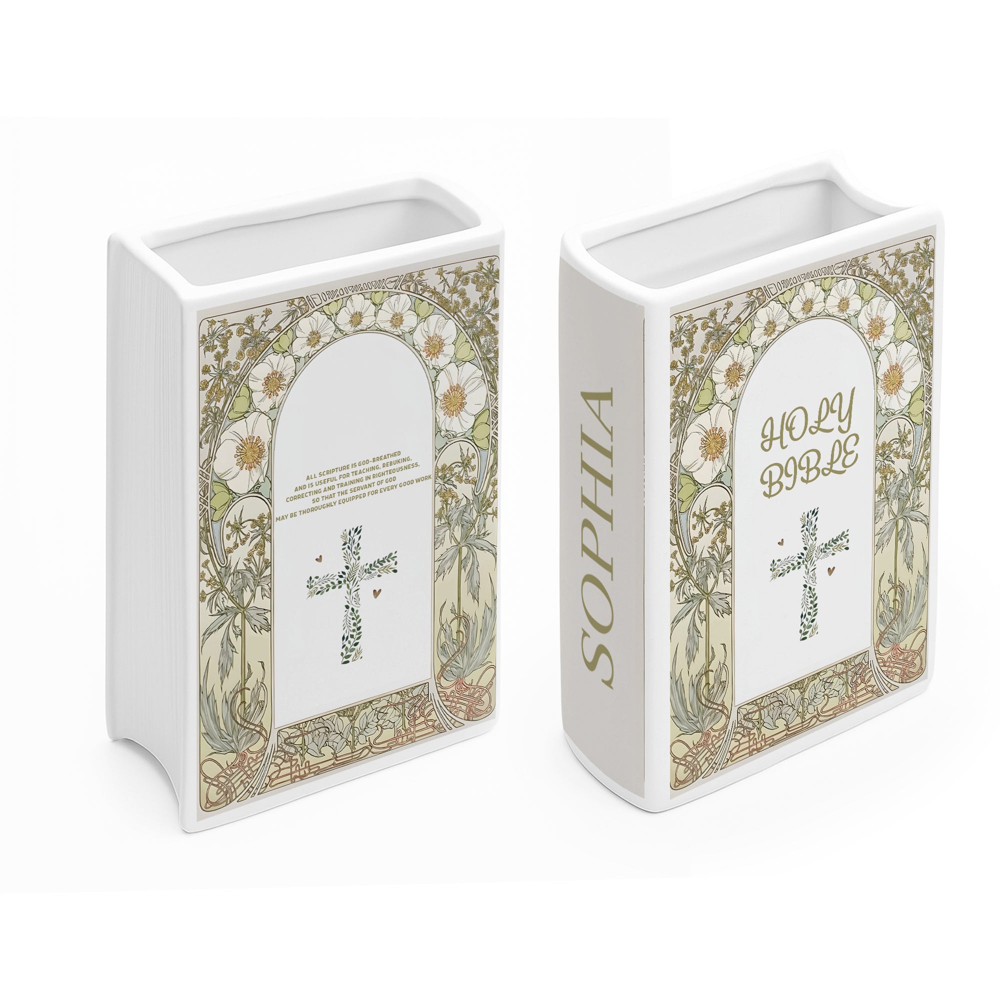 Personalized Christian Book Vase, Holy Bible Book Design with Cross, Custom Name & Scripture Gift, Faith Inspired Shelf Decor CBLAF10